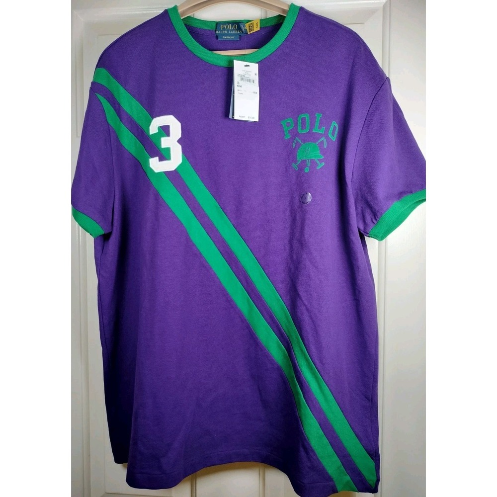 NWT Polo Ralph Lauren Classic Fit Ringer T-Shirt Purple Green Stripe Logo Men L